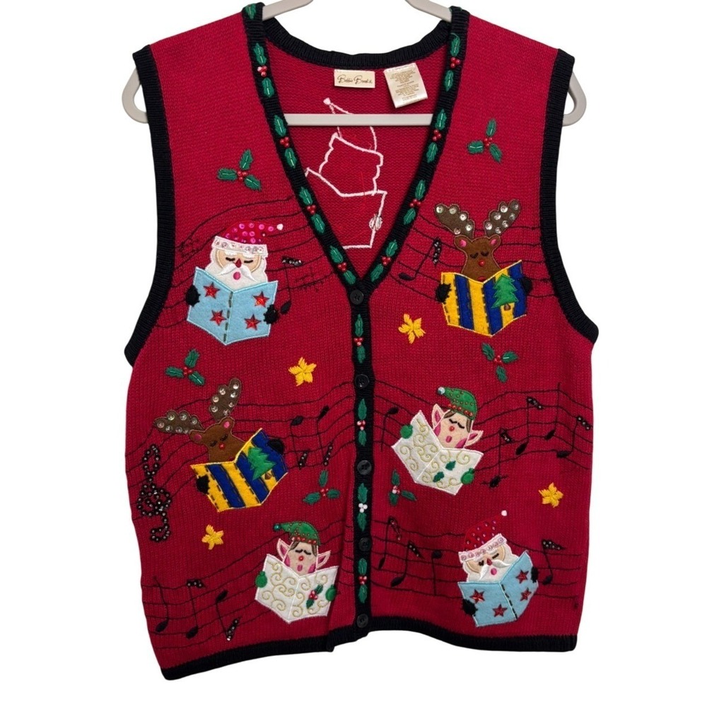 Ugly Christmas Sweater Vest Vintage Bobbie Brooks Womens L Santa Elves Red Holly